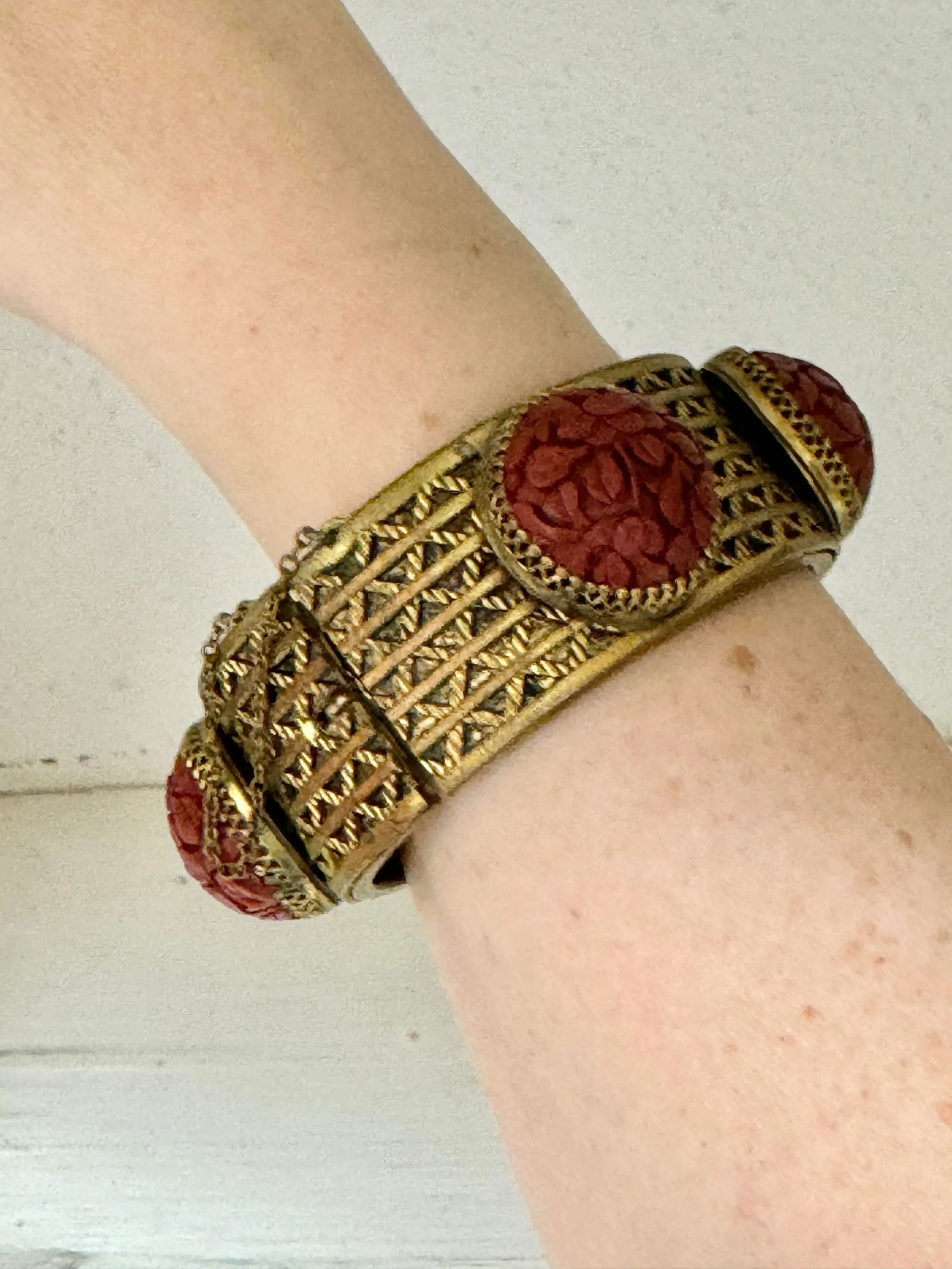 Antique Cinnabar and Brass Bracelet - 7