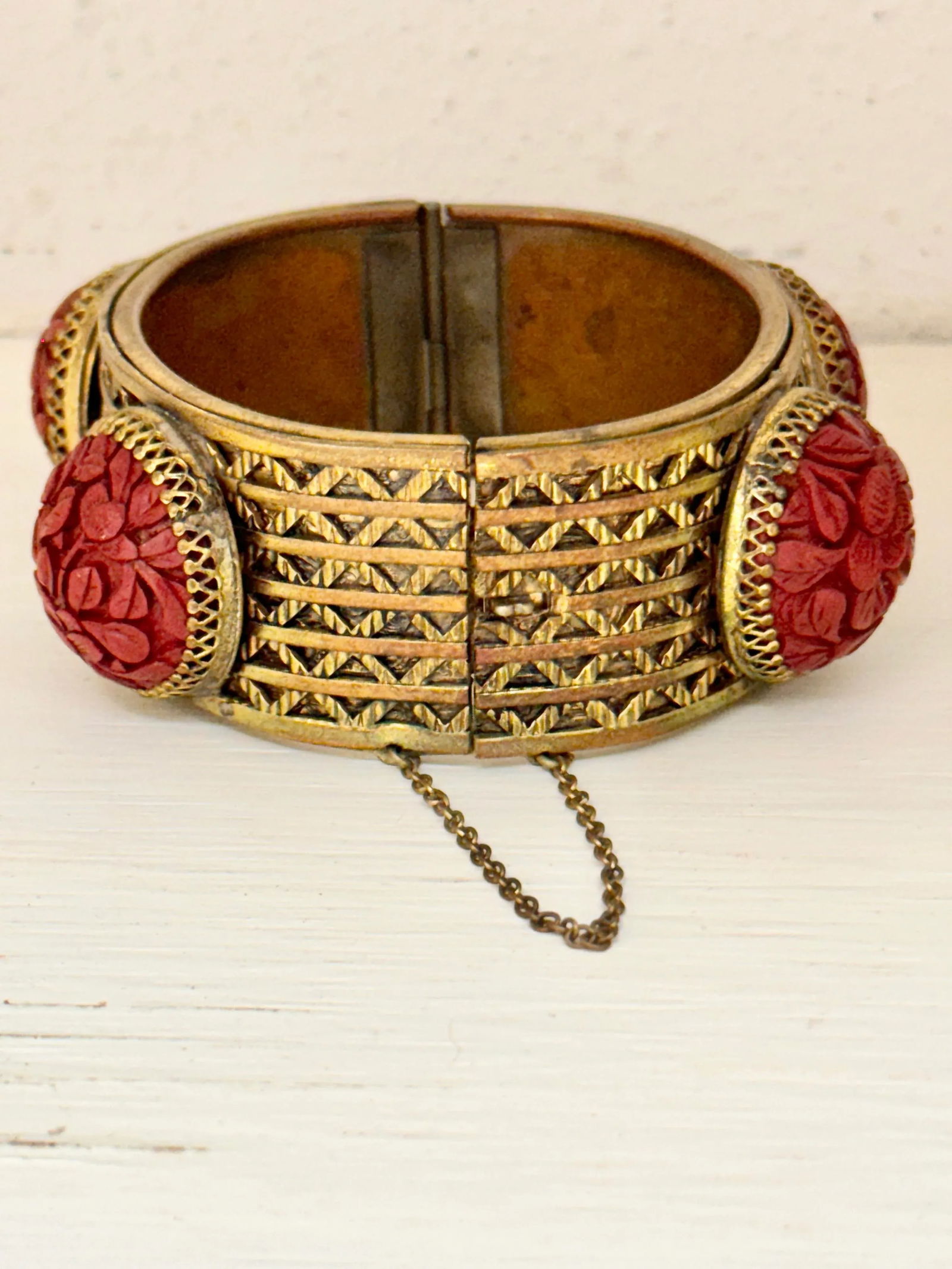 Antique Cinnabar and Brass Bracelet - 9