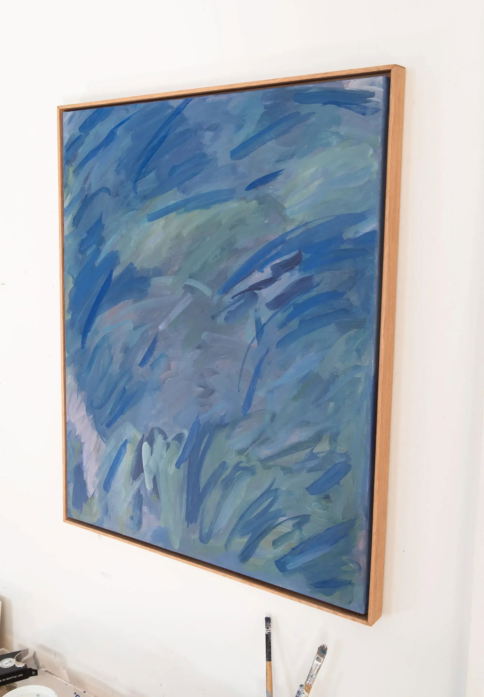 "Blue Thunder" Abstract Painting in Warm Wood Frame - 3