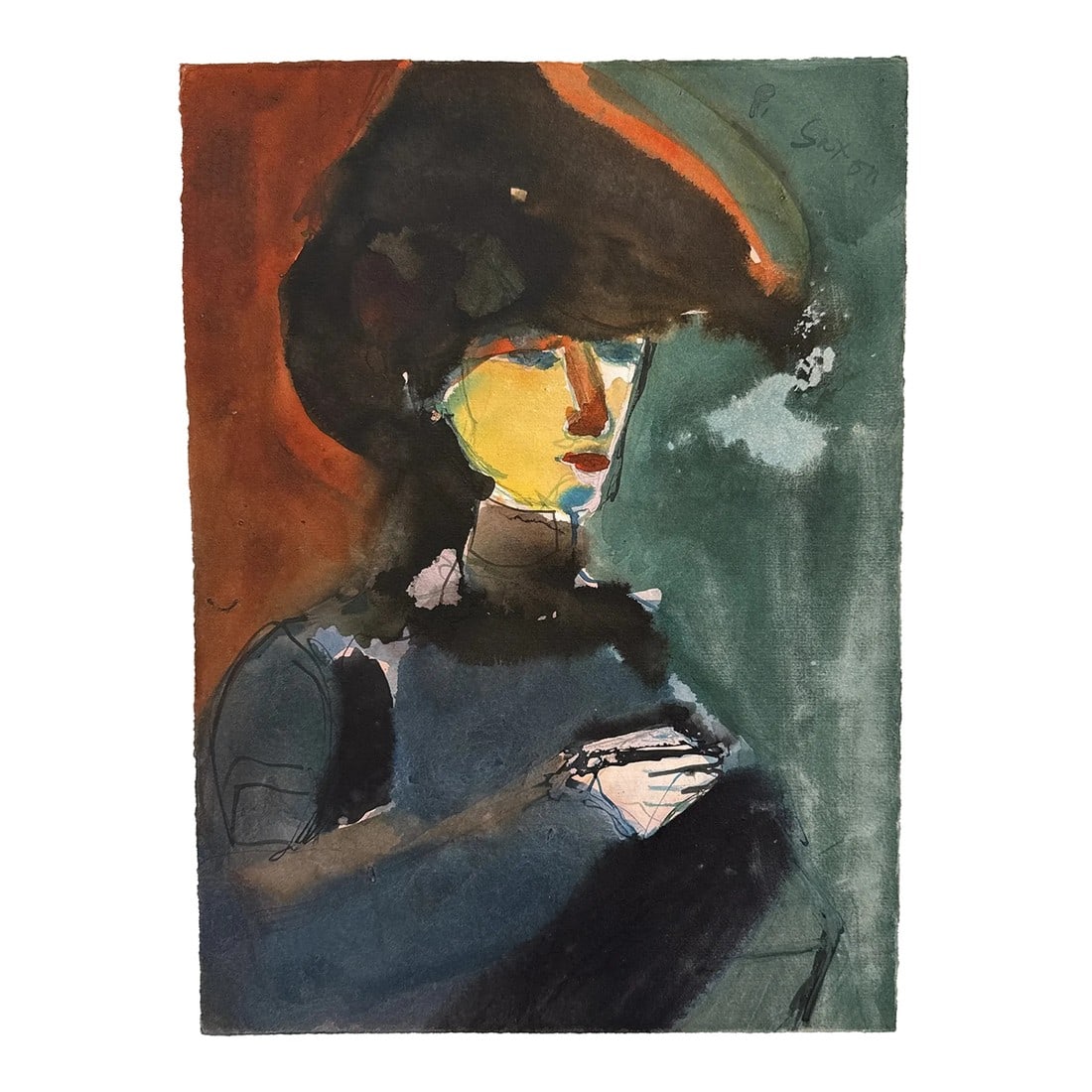 Phil Saxon, Figurative Art with Man in Hat, Original Painting on Paper (1 of 8)