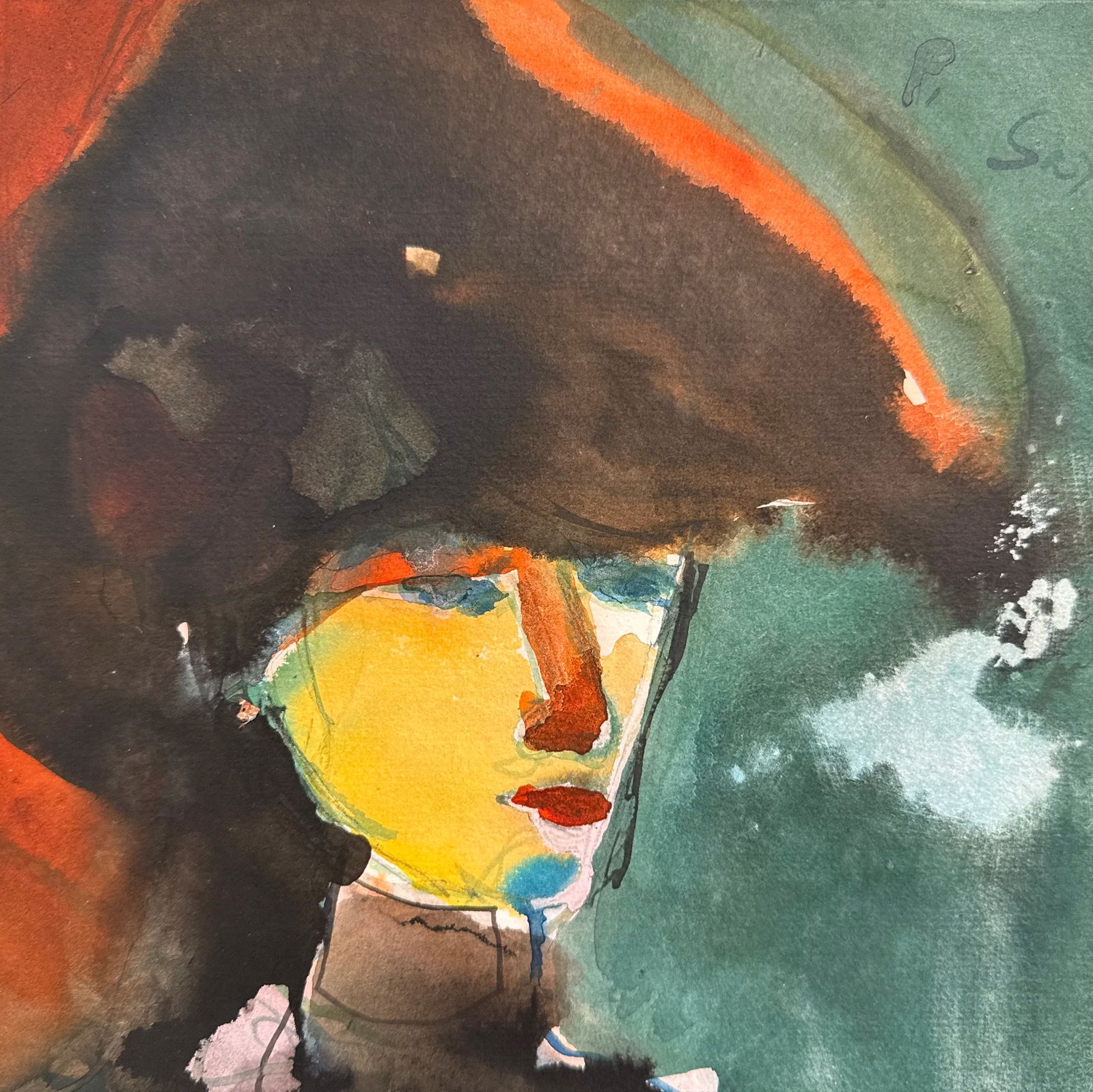 Phil Saxon, Figurative Art with Man in Hat, Original Painting on Paper - 2