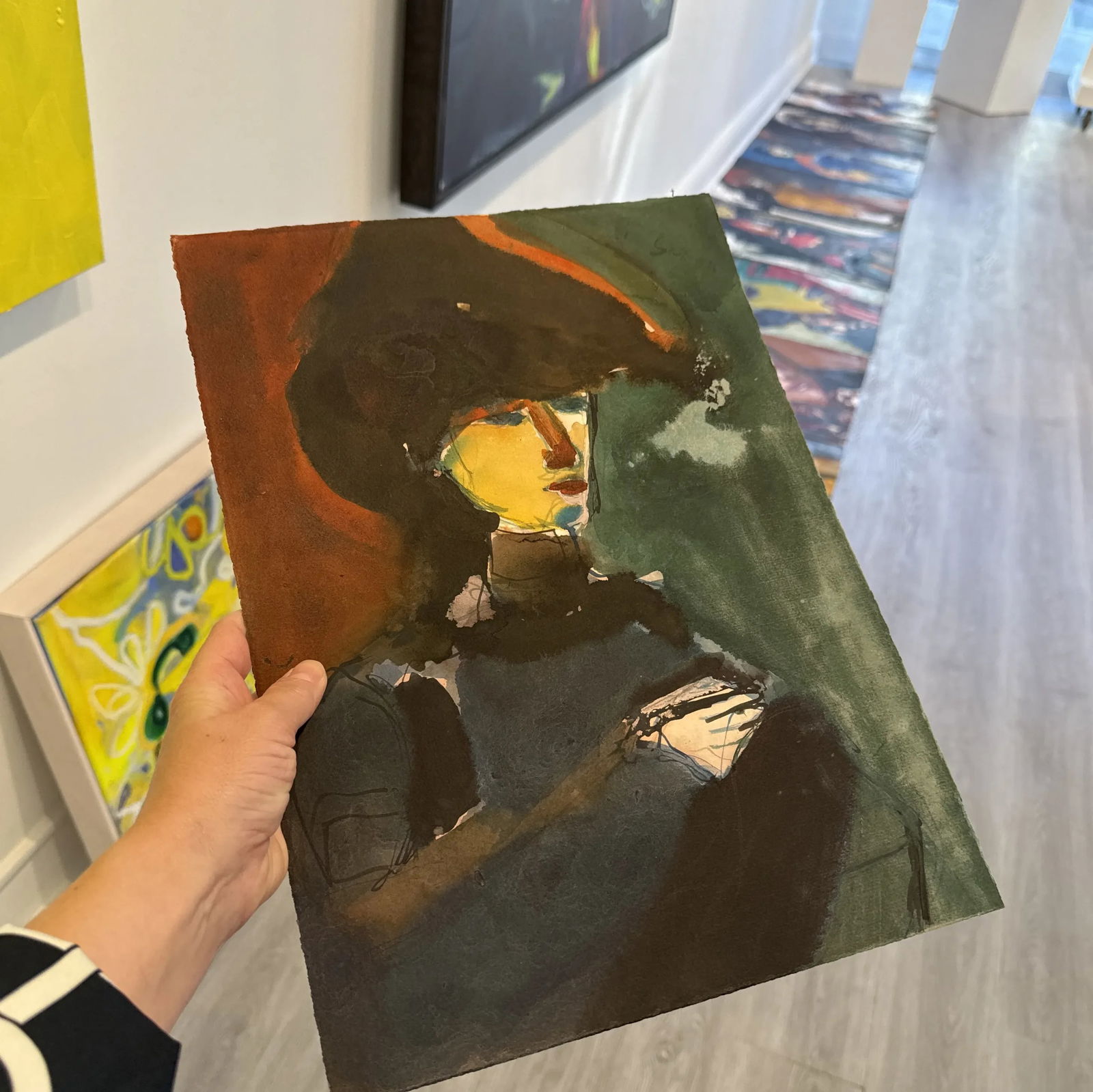 Phil Saxon, Figurative Art with Man in Hat, Original Painting on Paper - 7