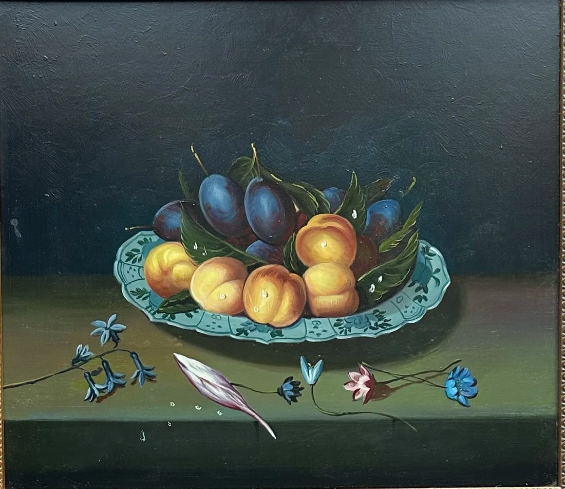 Vintage Oil Painting on Wood of Plums & Peaches After Old Dutch Master - 4