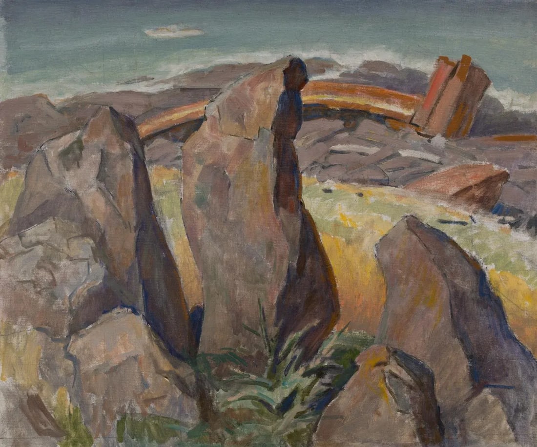 Brutalist Midcentury Painting Rocky Desert Landscape Seascape by Edmund Franklin Ward - 2