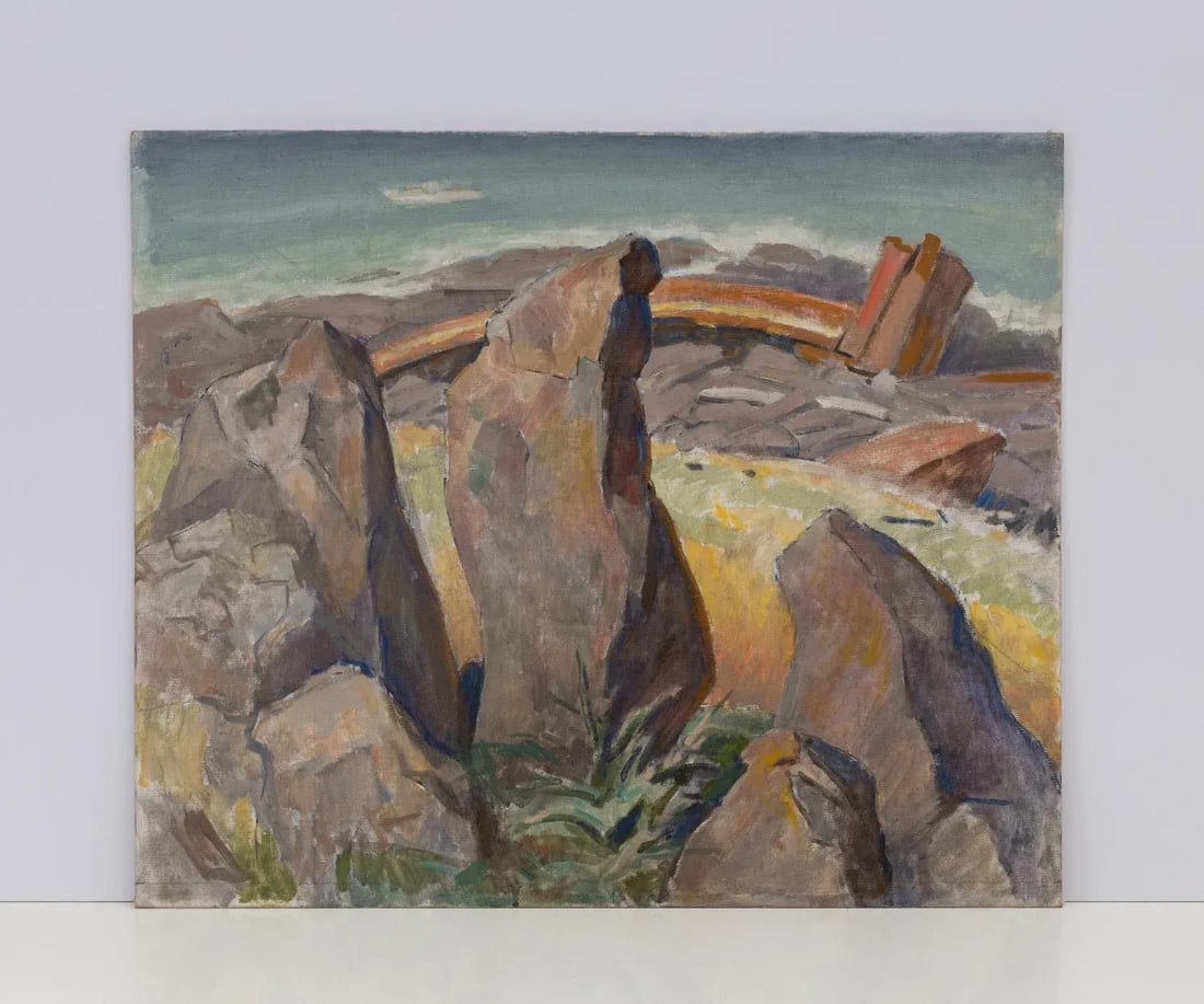 Brutalist Midcentury Painting Rocky Desert Landscape Seascape by Edmund Franklin Ward - 7