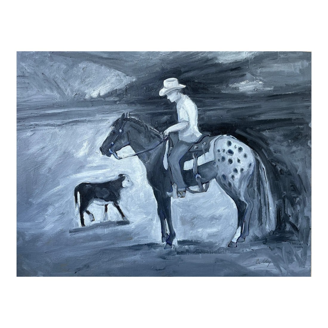 Rodeo Training, Original Oil Painting: This oil painting of a cowboy on quarter horse and a calf capture a moment in time where patience is a must. Gentle learning of horse training in black and white with hints of color underneath. Condit