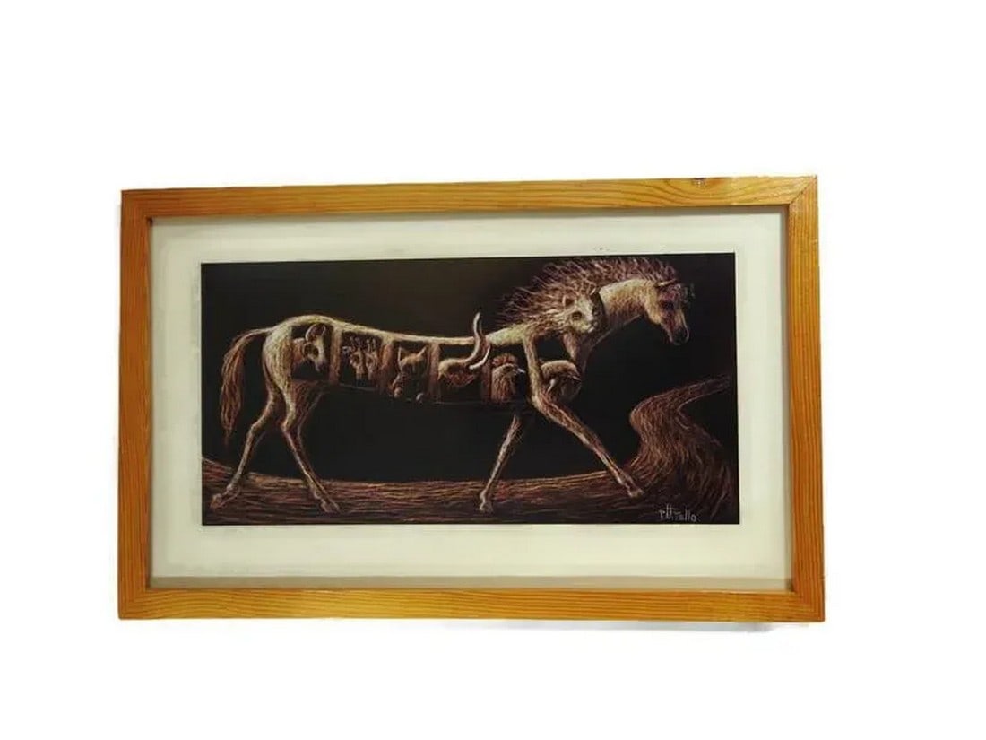 Original Surrealism Print by Pedro Tello Signed: Mystical surrealism original print by a Mexican artist Pedro Tello, titled Caballo Viajero (Traveling Horse). The print is made on veiled photographic paper and double signed on the front and on the b