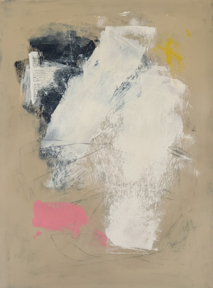 "Deco" Contemporary Original Abstract Painting on Paper: Deco -- This piece was created with acrylic paint, graphite, and collage pieces on lightweight, mixed media paper; piece is finished with varnish to protect paint/graphite/collage elements. Piece is s