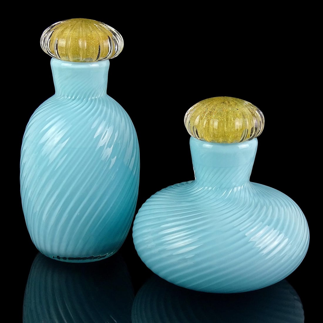 Murano Signed 1985 Vintage Sky Blue Gold Leaf Stoppers Italian Art Glass Vanity Dresser Bottles - 2