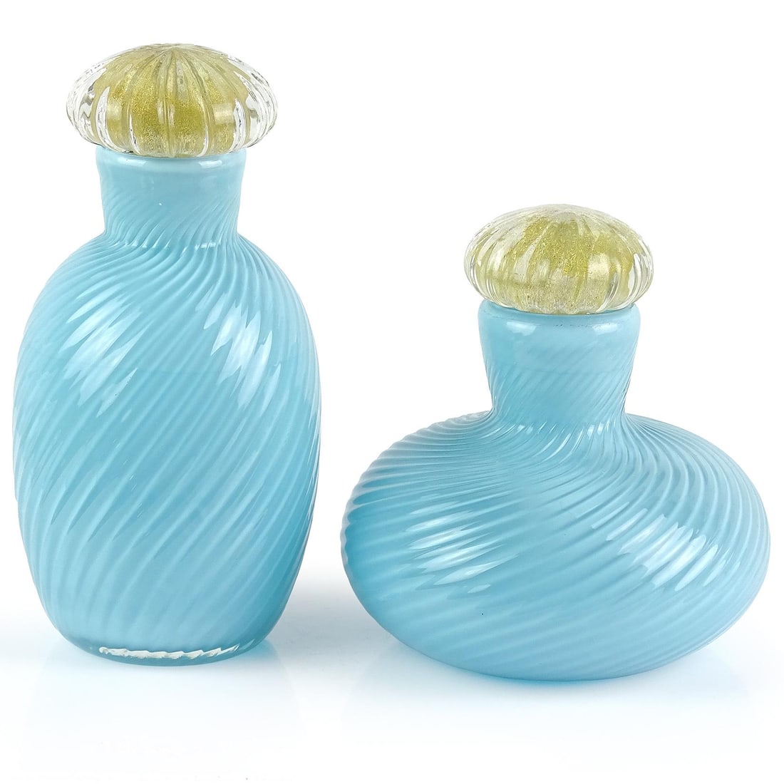Murano Signed 1985 Vintage Sky Blue Gold Leaf Stoppers Italian Art Glass Vanity Dresser Bottles - 3