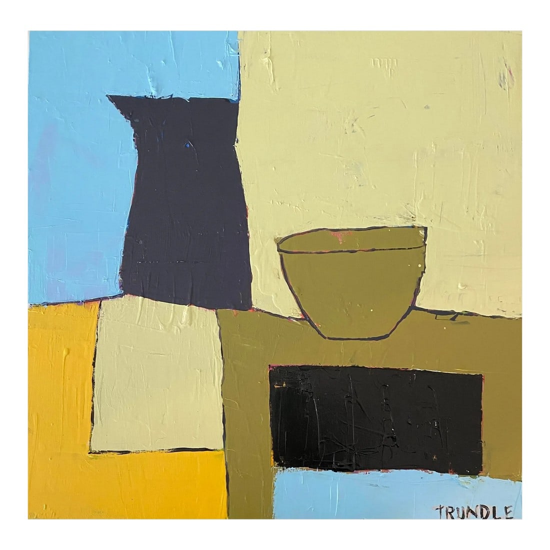 Sarah Trundle, Contemporary Abstract Still Life Painting, "Familiarities": Acrylic on cradled wood panel, 16 x 16 x 1.5. Edges painted pale gray, back wired, ready to hang. Condition: Imperfections: No Imperfections Dimensions: Height: 16 in. Width: 16 in. Depth: 1.5 in. Cat
