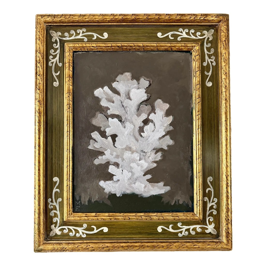 "˜West' - Original Coral Study by Memo Faraj: original acrylic painting on canvas board, framed, by memo faraj (2024) memo's coral fragments are painted to feel like found pieces of work, reminiscent of darwinian era depictions of nature. detail,