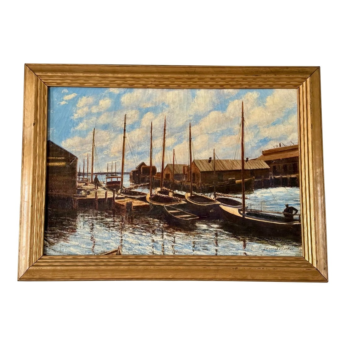 1940s Marina Oil Painting, by James Francis Barker: ¦ look at that sky! beautiful original James Francis Barker (American 1871-1950) marina oil painting on stretched canvas. signed lower right corner, untitled. listed artist, find more information