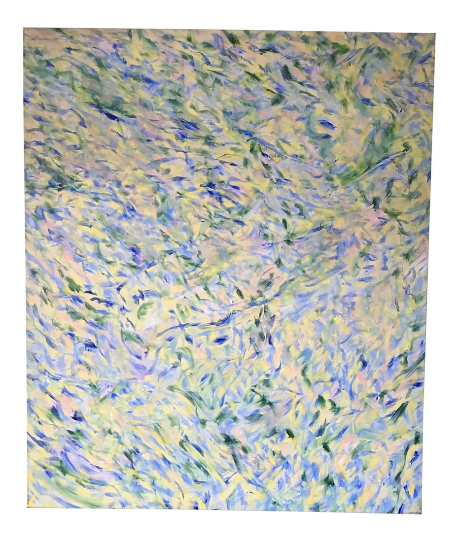 1980s Abstract Oil Painting on Canvas: Large oil on canvas abstract painting by Robert K Fitzpatrick. Soft color palette in hues of blue green yellow and blush pinks. Stretched but unframed. Initialed on verso Most likely from the 1980's C