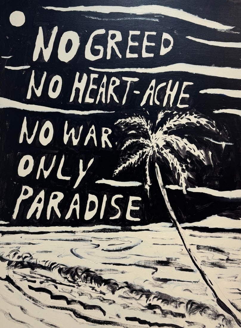 Only Paradise, Contemporary Acrylic Landscape Painting With Tex by Matt Higgins: This painting is part of the artists' Paradise series, an ongoing project that began in 2021. Several works from the series were recently exhibited during Miami Art Week 2024 in collaboration with the