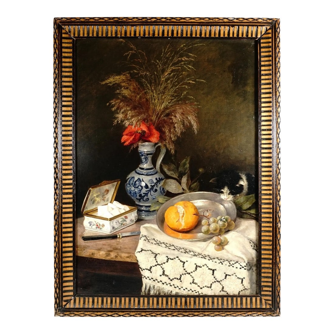Still Life Portrait Cat and Fruit, 19thc German Oil Painting Signed: Late 19th century German still life oil painting on canvas. A charming table scape with a blue and white ewer displaying a poppy flower and wheatgrass, a porcelain box opened to reveal sugar cubes and