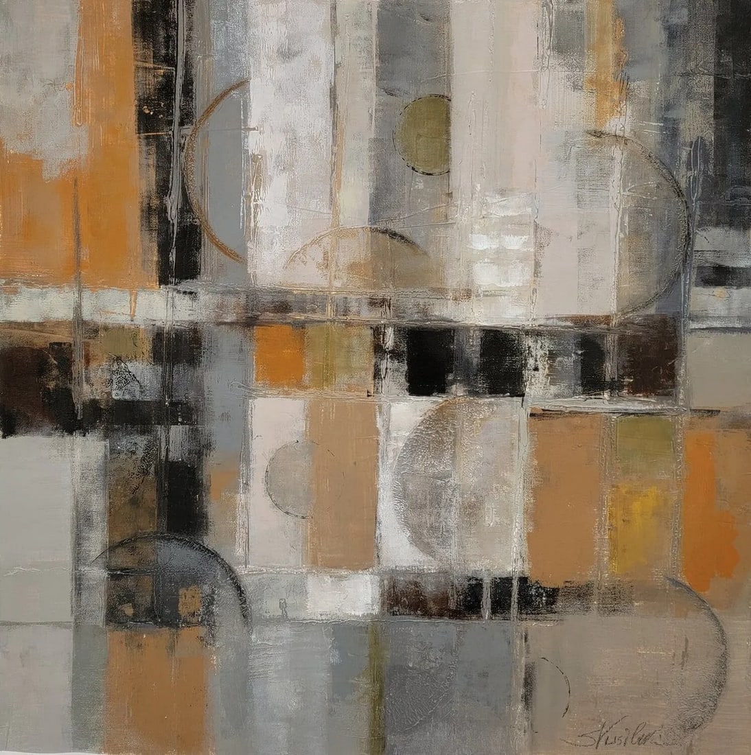 Mid-Century Modern Style Circles and Squires, Contemporary Original Acrylic Painting: This geometric abstract is inspired by Mid-century modern design, architecture and urban environment. Overlapping shapes and discreet lines suggesting structure. It is painted on a richly textured can