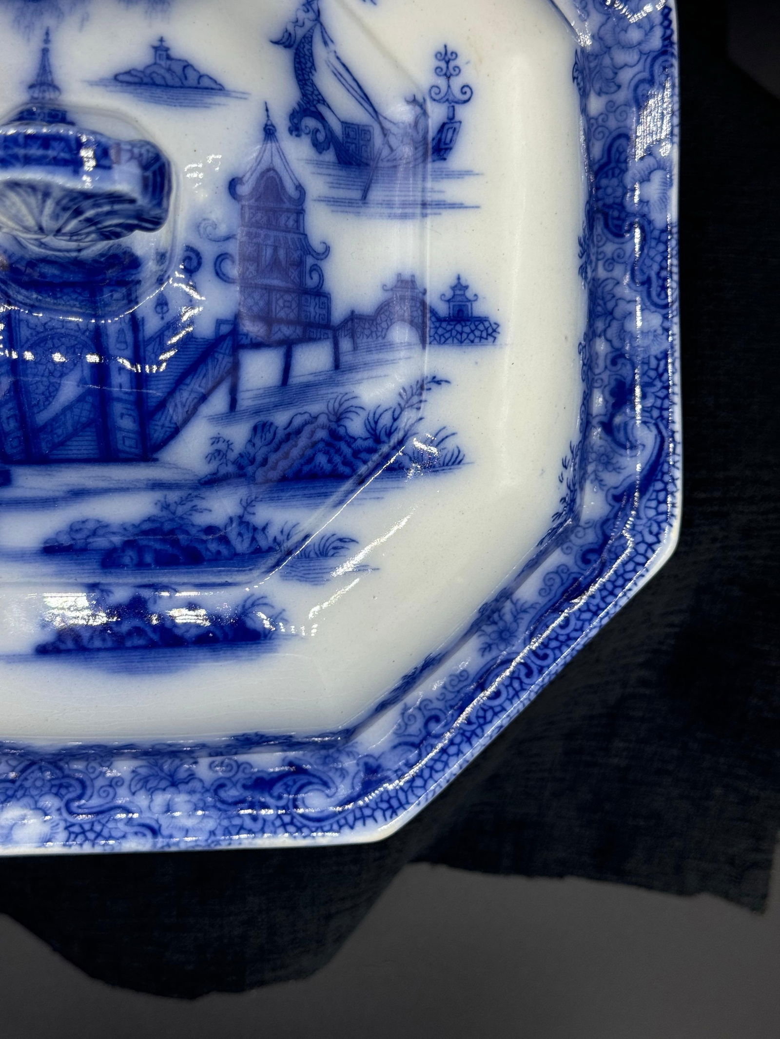 Blue & White Footed Bowl With Lid "Whampoa Pattern" Transferware - 4