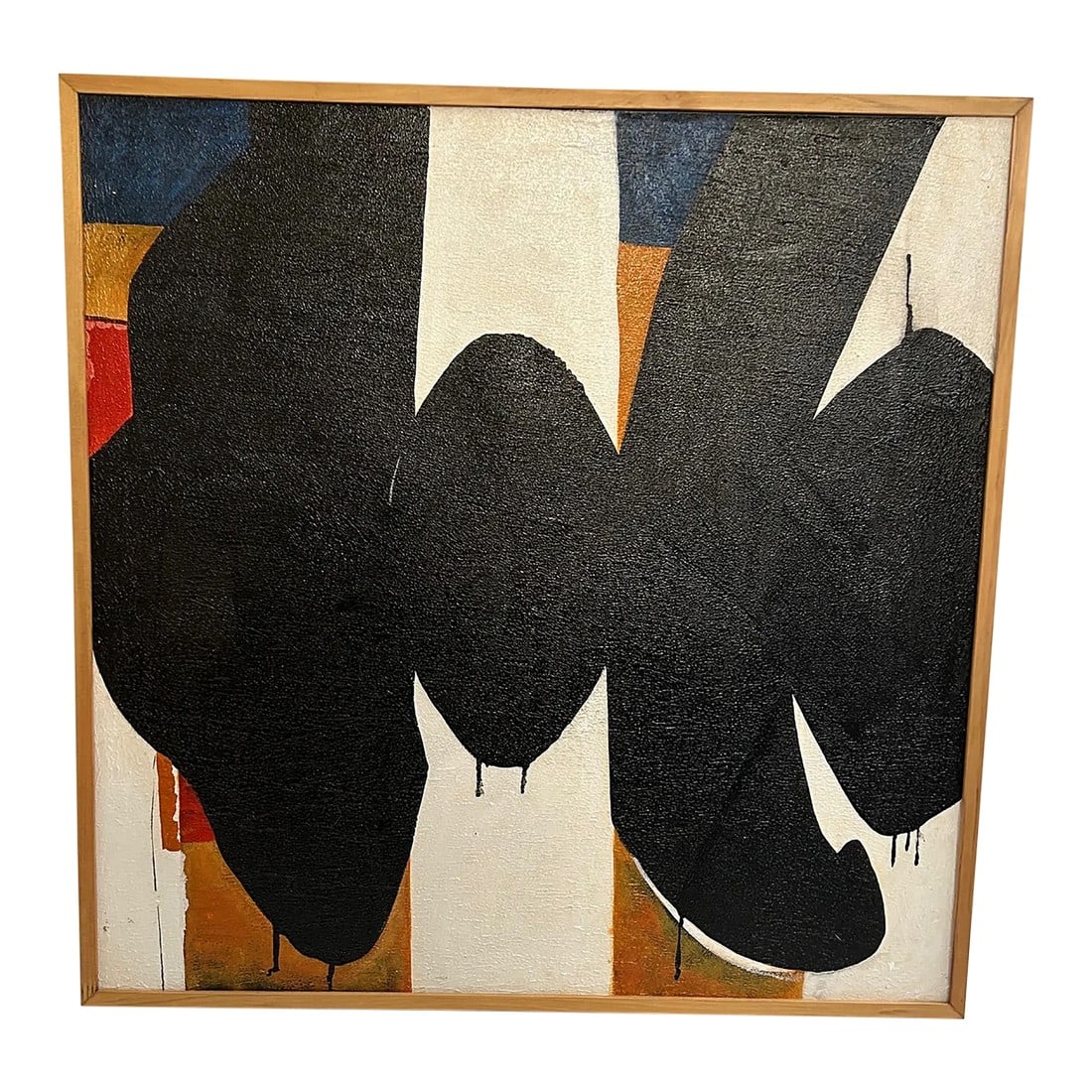 20th Century Giclee Abstract Artwork: 20th Century GiclÃ©e colorful Abstract in Custom natural wood frame with shades of red, tan, orange, blue and black. A fun modern addition in a traditional setting as well as a more modern s