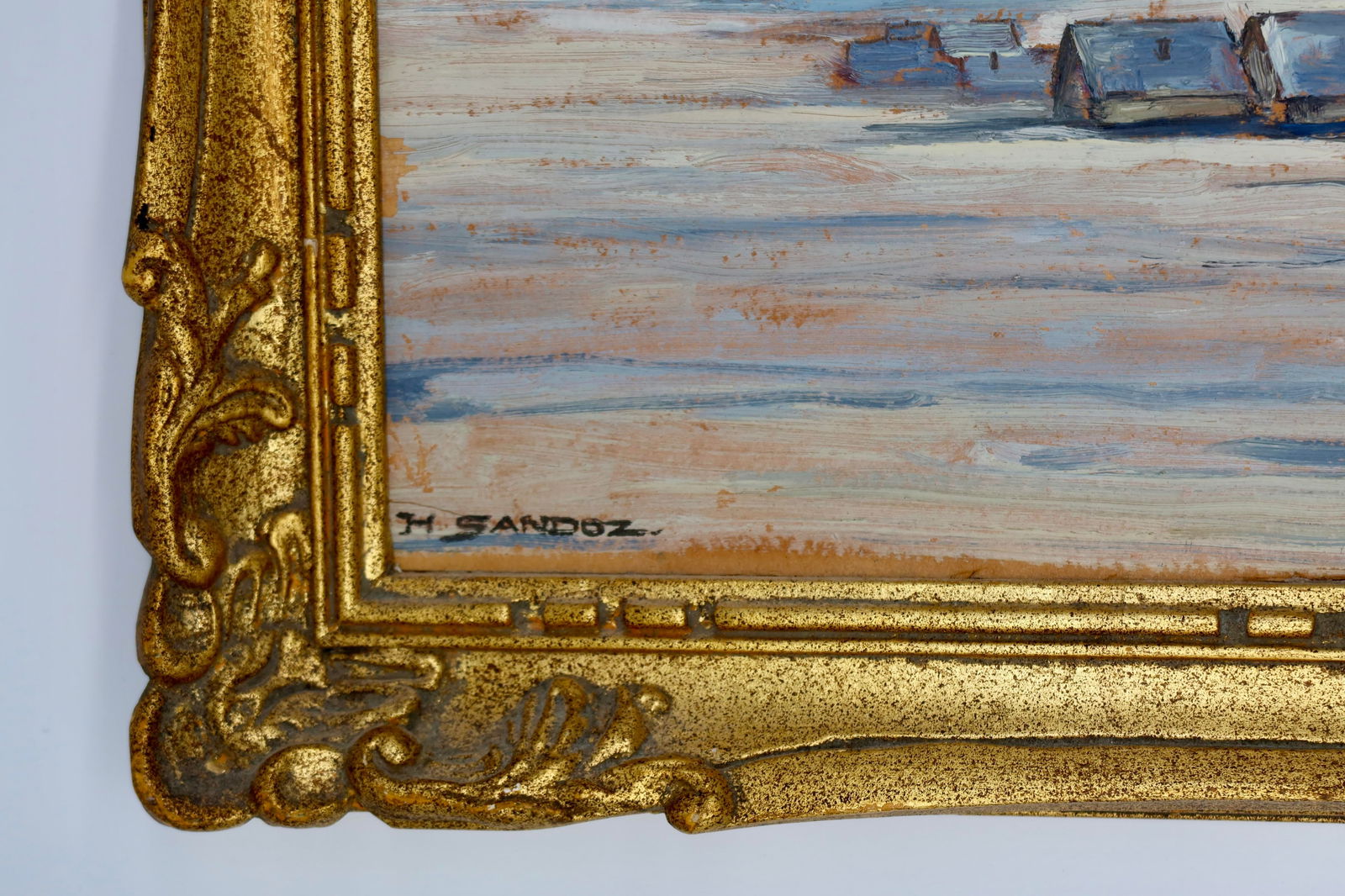 Antique Swiss Oil Painting of Village Snow Scene - 2