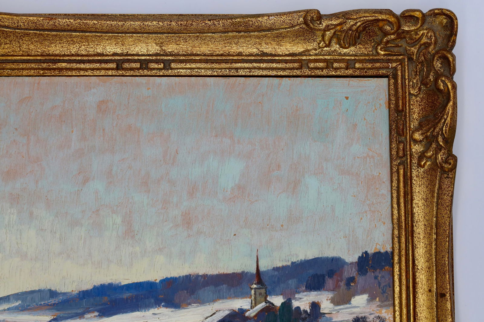 Antique Swiss Oil Painting of Village Snow Scene - 3