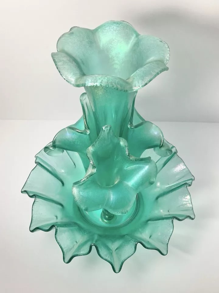 1994 Fenton Stiegal Iridescent Stretch Green 4-Horn 5-Piece Epergne Vase - 2