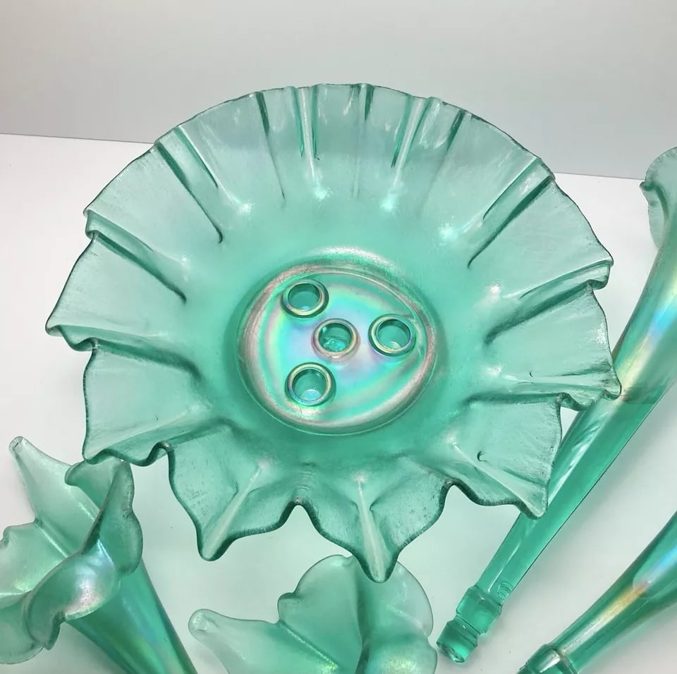 1994 Fenton Stiegal Iridescent Stretch Green 4-Horn 5-Piece Epergne Vase - 4