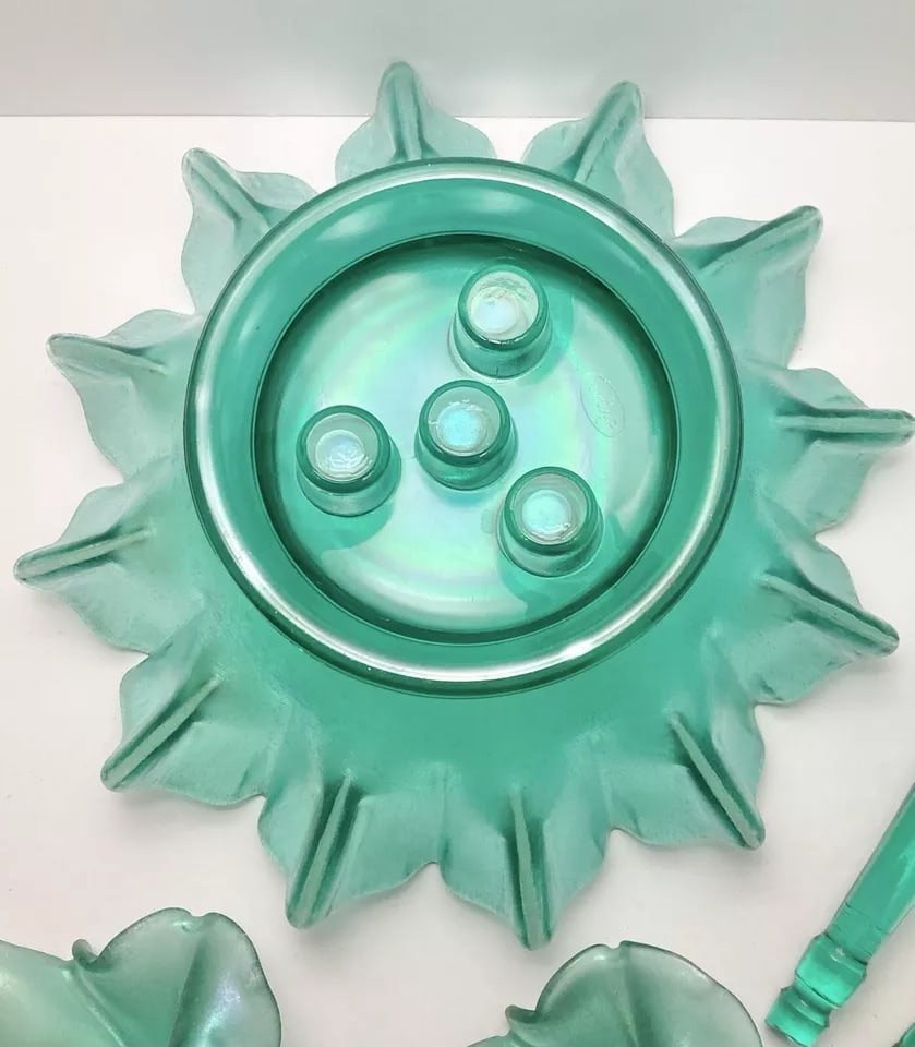 1994 Fenton Stiegal Iridescent Stretch Green 4-Horn 5-Piece Epergne Vase - 5