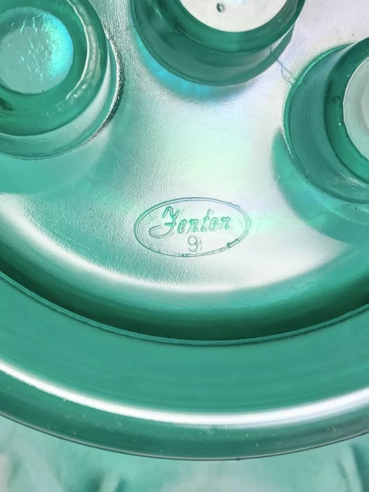 1994 Fenton Stiegal Iridescent Stretch Green 4-Horn 5-Piece Epergne Vase - 6