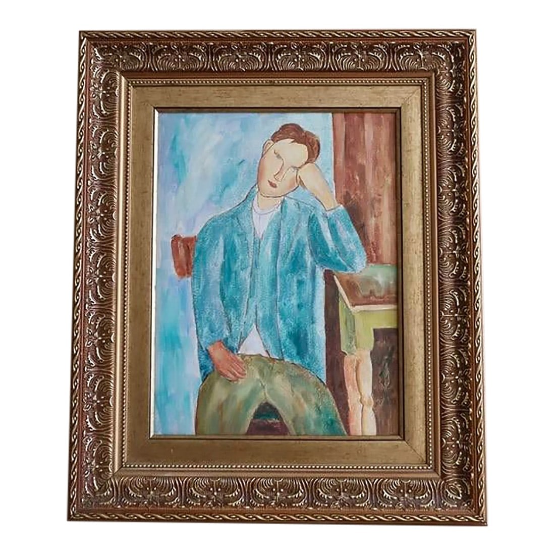 1960s Vintage Abstract Portrait Oil Painting, Framed: Vintage abstract and colorful portrait oil painting. Image depicts a man seated in a wood chair with his head propped on his left fist, over his bent arm resting on a table. Mostly cool shades of blue
