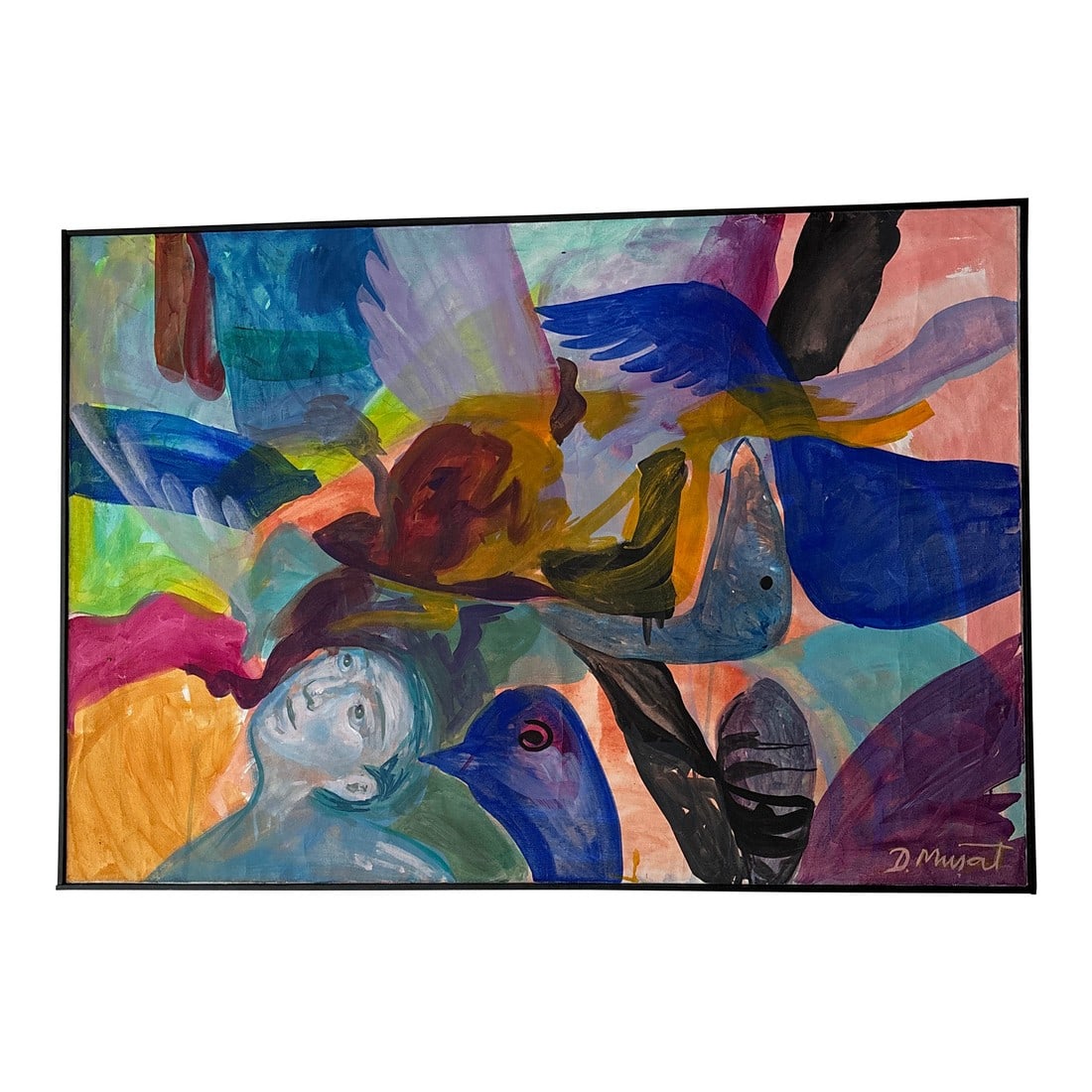 Framed Contemporary Modern Abstract Painting on Canvas, Signed by the Artist: I am attracted to the colors in this painting, I think it's fun and playful, and I like that its subject is up to interpretation. It has a painted black frame and is ready for your wall! Condition: Al