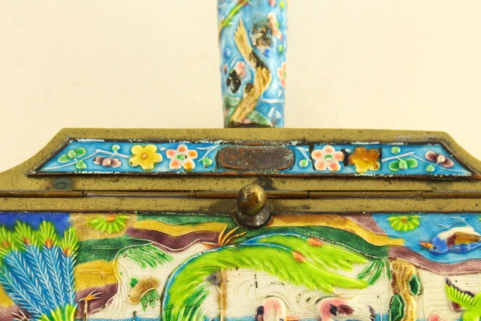 Early 20th Century Chinese Brass Cloisonne Birds of Paradise Silent Butler Crumb Catcher - 12