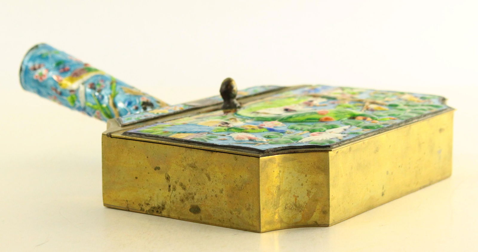 Early 20th Century Chinese Brass Cloisonne Birds of Paradise Silent Butler Crumb Catcher - 2