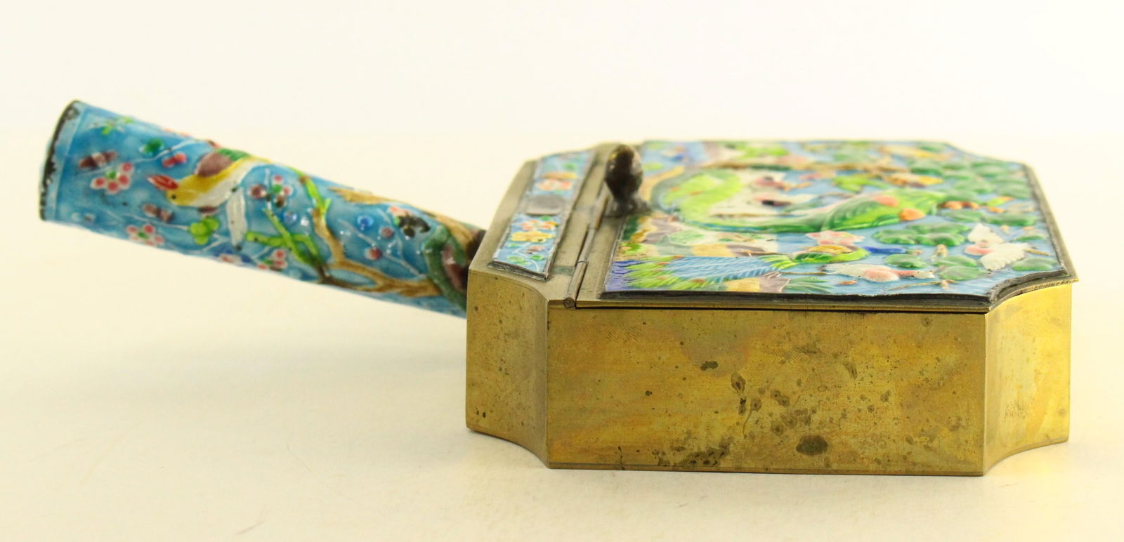 Early 20th Century Chinese Brass Cloisonne Birds of Paradise Silent Butler Crumb Catcher - 4