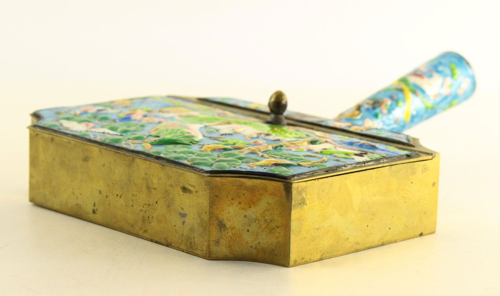 Early 20th Century Chinese Brass Cloisonne Birds of Paradise Silent Butler Crumb Catcher - 6