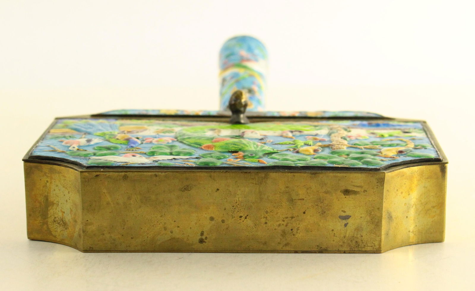 Early 20th Century Chinese Brass Cloisonne Birds of Paradise Silent Butler Crumb Catcher - 8