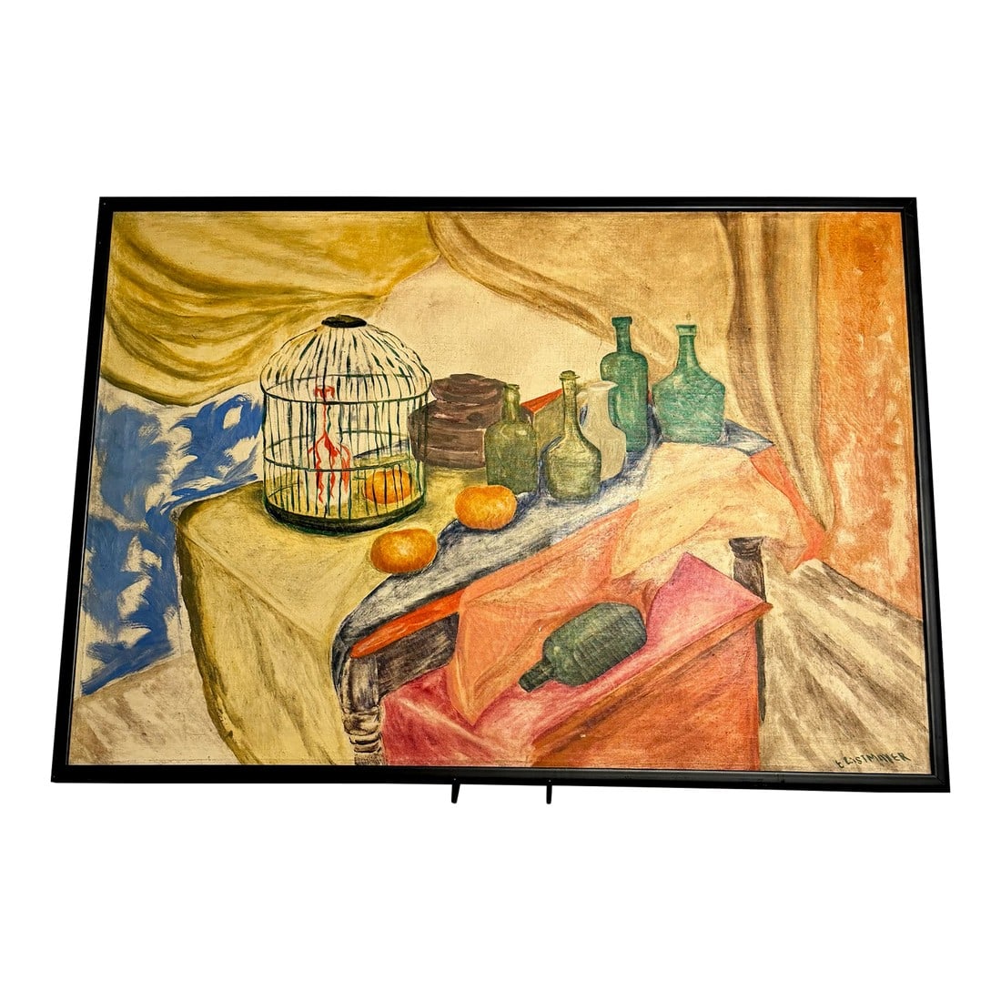 1960s Mid Century Modern Oil on Canvas Still Life, Signed: Great MCM oil on canvas still life. Canvas and original black frame in great shape. Canadian, signed "E. Listmayer" Condition: Alterations: Original Condition Unaltered Imperfections: Some Imperfectio