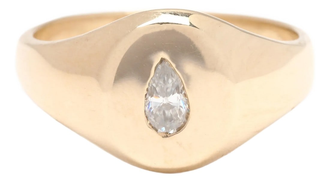 0.25ctw Pear Diamond Signet Ring, 10k Yellow Gold, Ring Size 6.75: Stones: diamond, 1 stone pear cut 5 x 3 mm approximately .25 carat G-H color, VS2 clarity Ring Size 6.75 Length: 10.7 mm Weight: 2.5 dwts. / 3.9 grams A Couple Of Things to Note: * This is a vintage i