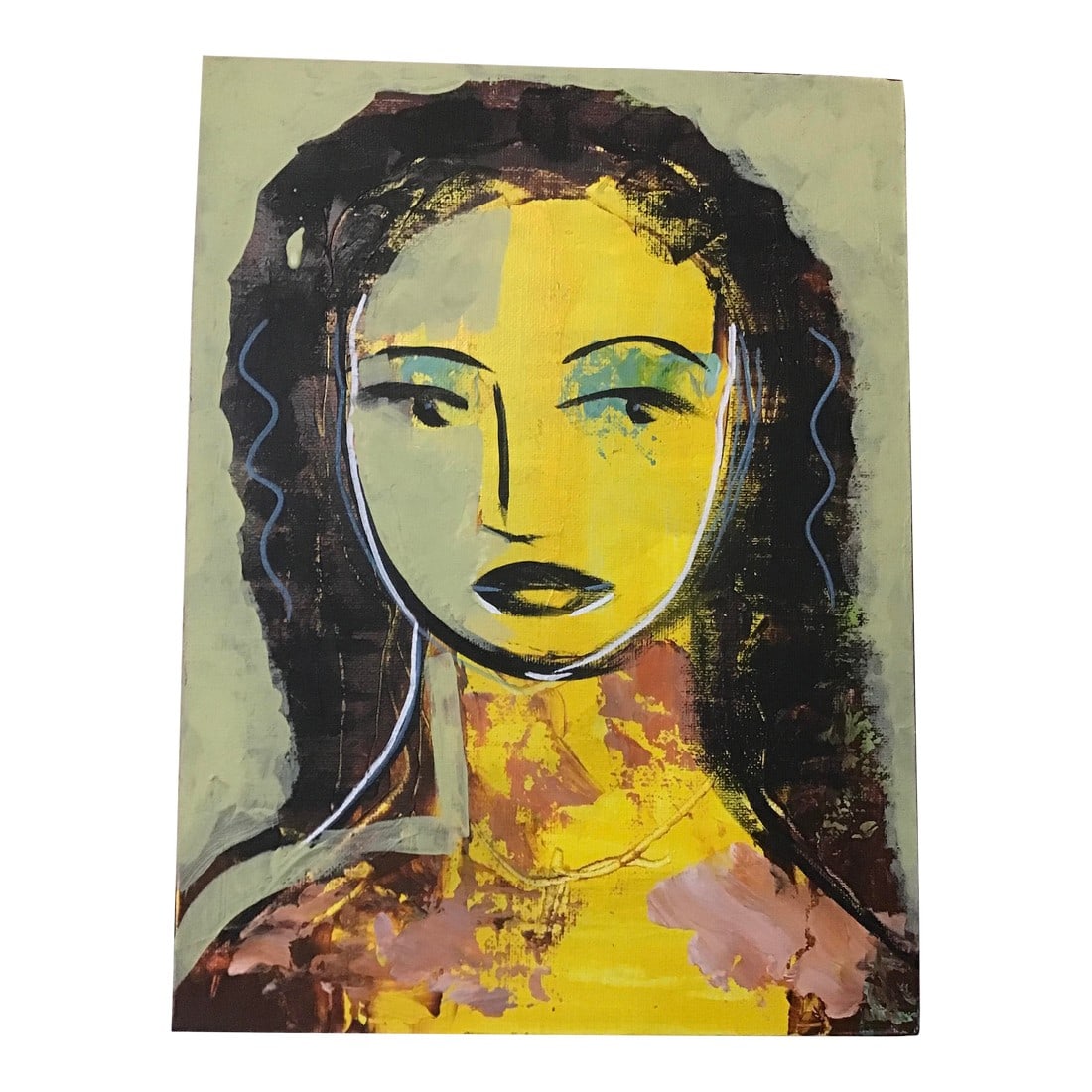 Woman in Yellow and Celadon by Cassandra Auker, Acrylic on Canvas Board: This woman is painted with expressive colors and textures. Original and one of a kind artwork. On canvas board. COA included. Condition: Imperfections: No Imperfections Dimensions: Height: 12 in. Widt