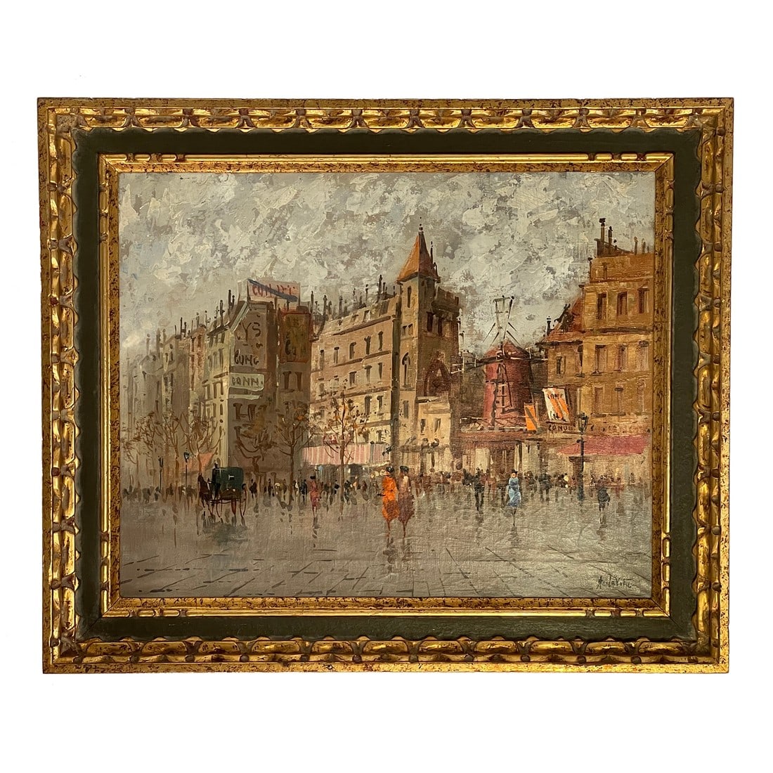 Mid 20th Century Paris Cityscape With Moulin Rouge With Horse and Carriage: Antonio DeVity, Italian, 1901-1993, Oil on Canvas, Signed DeVity lower right corner. Condition: Excellent, professionally cleaned and varnished. Paris cityscape with stylized fashionable figures with
