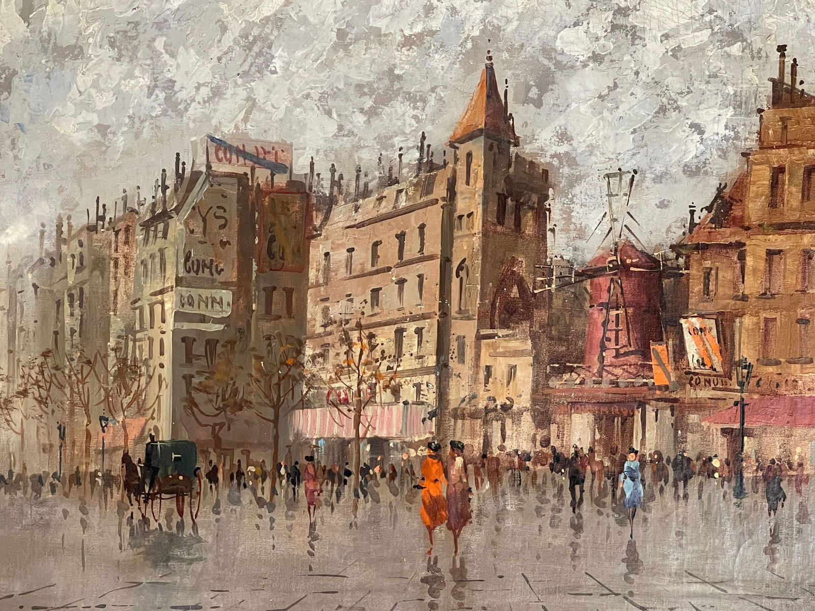 Mid 20th Century Paris Cityscape With Moulin Rouge With Horse and Carriage - 4