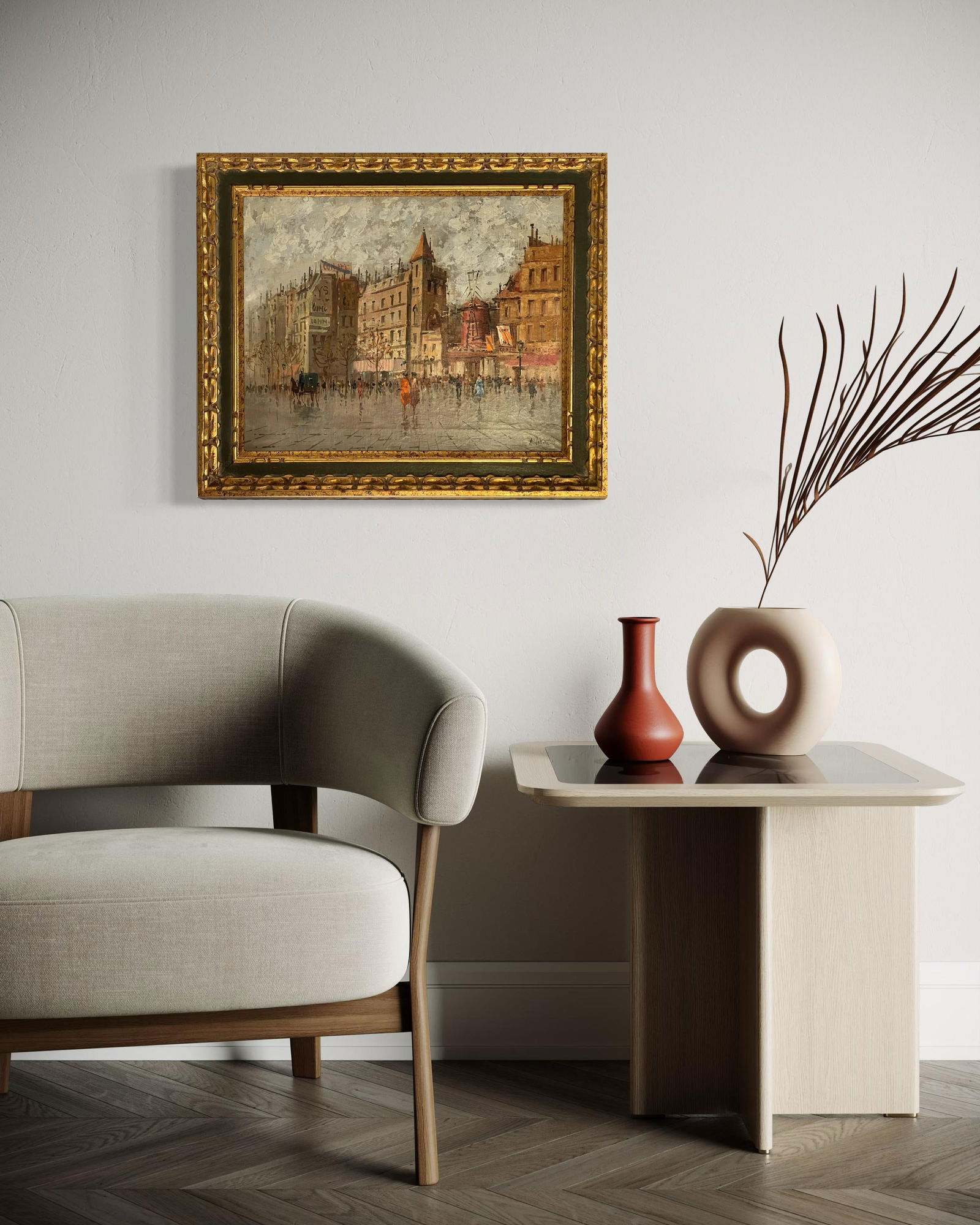 Mid 20th Century Paris Cityscape With Moulin Rouge With Horse and Carriage - 6