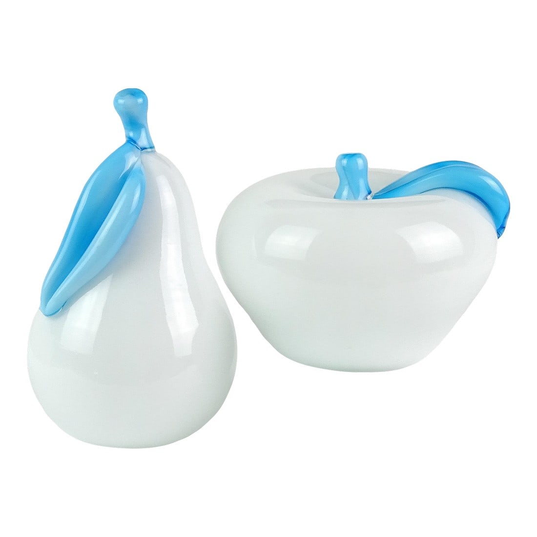 Murano Vintage White Sky Blue Italian Art Glass Pear and Apple Fruit Sculpture Paperweights - Set of: Beautiful vintage Murano hand blown bright white and sky blue Italian art glass pear / apple fruit set. They are created in the style of designers Archimede Seguso and Alfredo Barbini. The white pear