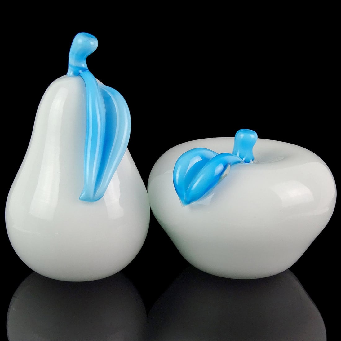 Murano Vintage White Sky Blue Italian Art Glass Pear and Apple Fruit Sculpture Paperweights - Set of - 3