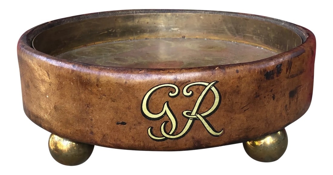 B. H. & G. Ltd. England Leather Encased Low Planter: If you want a stunning planter for that perfect conversational indoor tree or plant, then look no further. This planter sits on 4 bun feet and has a copper liner. Encased in leather by B. H. & G. Ltd