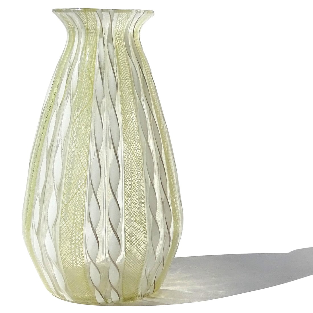 Murano Yellow Zanfirico White Aventurine Ribbon Vintage Italian Art Glass Mid-Century Flower Vase - 3