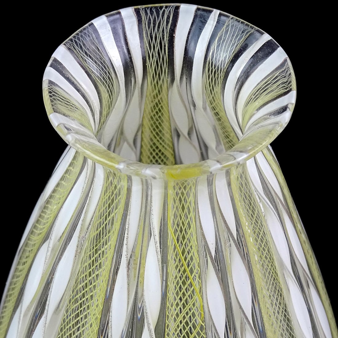Murano Yellow Zanfirico White Aventurine Ribbon Vintage Italian Art Glass Mid-Century Flower Vase - 5