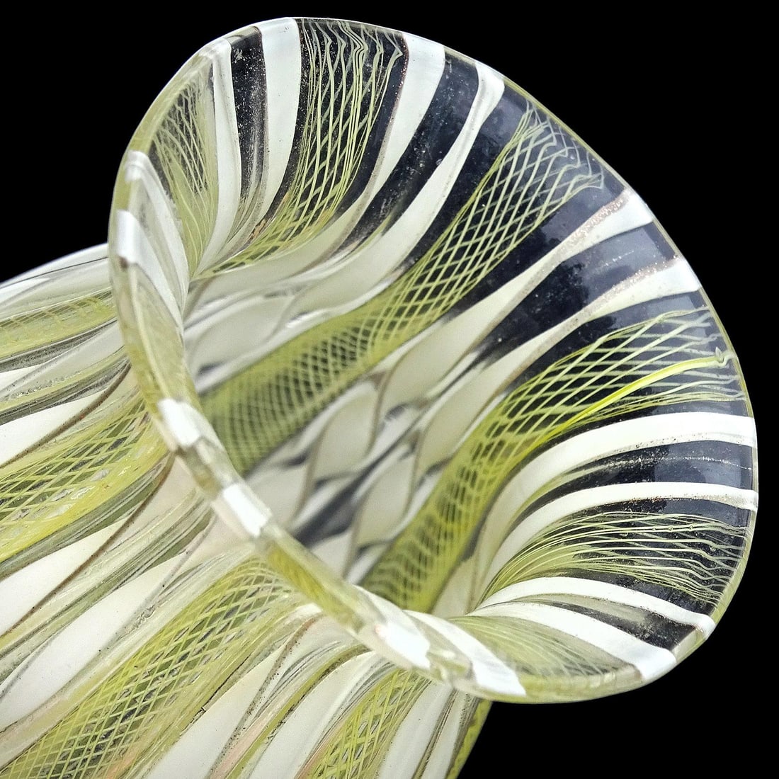 Murano Yellow Zanfirico White Aventurine Ribbon Vintage Italian Art Glass Mid-Century Flower Vase - 6