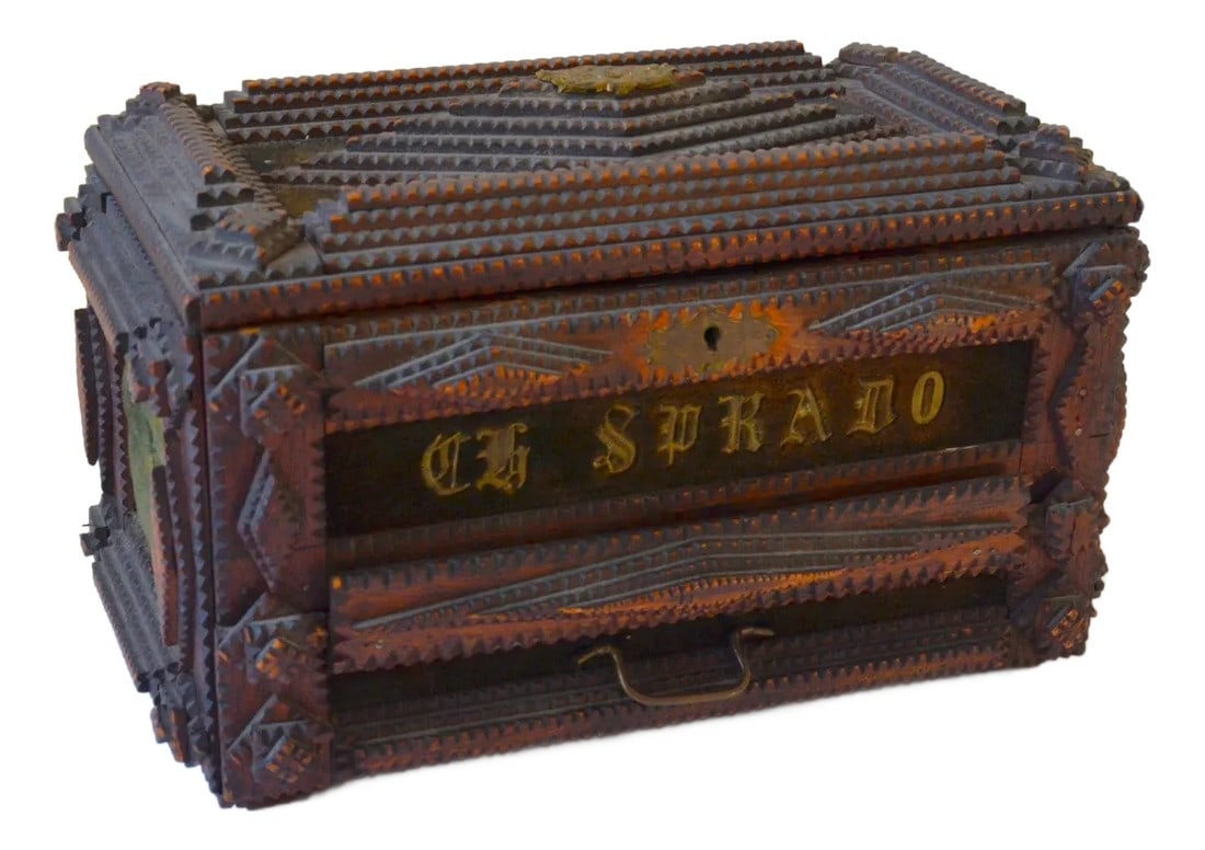 Turn of the Century Hand Carved Tramp Art Wooden Jewelry Box, Circa 1900: An amazing vintage handmade Tramp Art wooden box with lower drawer circa early 1900s. This piece is a fine quality work with great detail, both in the hand carving and the assembly. This piece feature