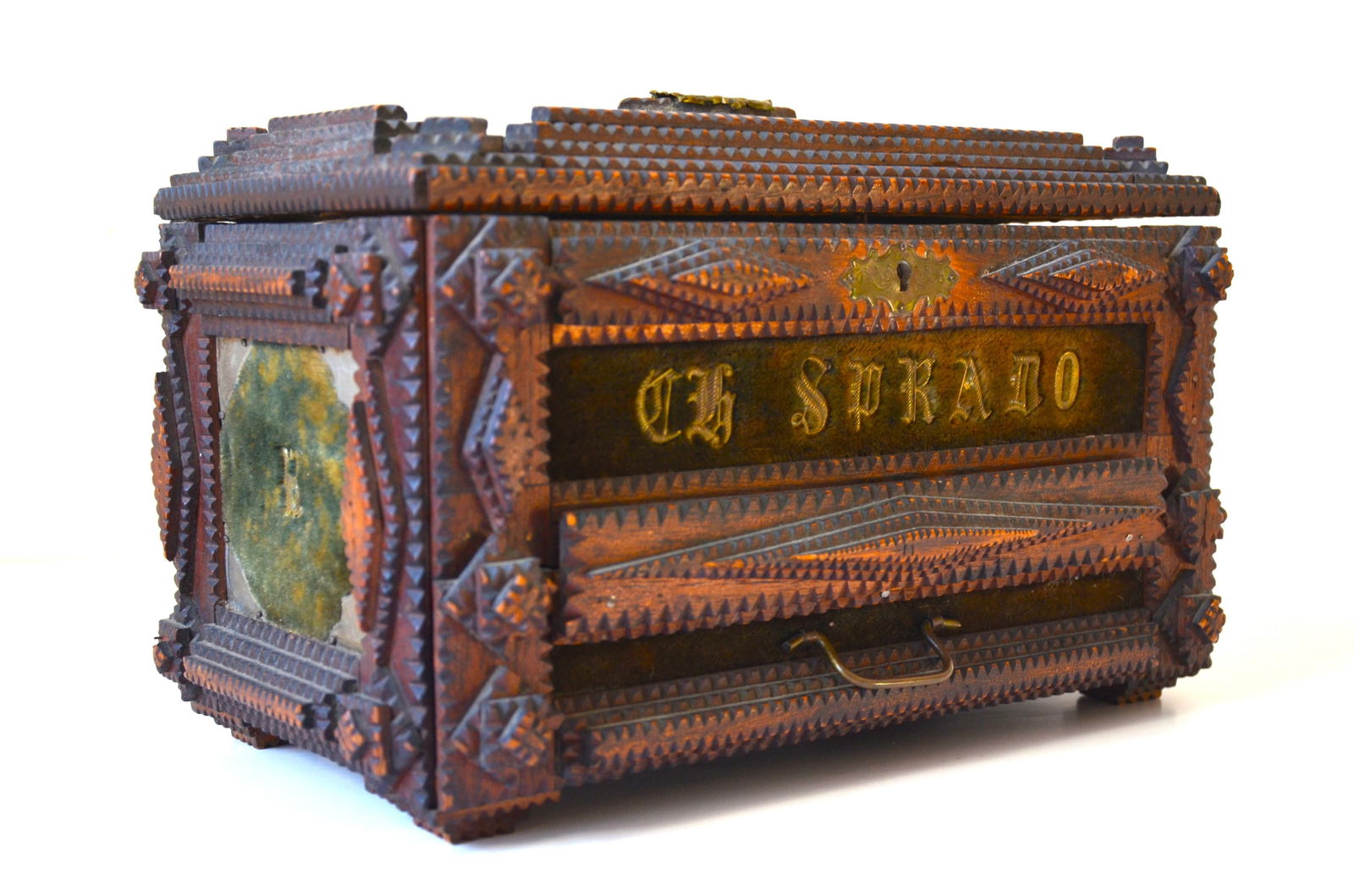 Turn of the Century Hand Carved Tramp Art Wooden Jewelry Box, Circa 1900 - 2